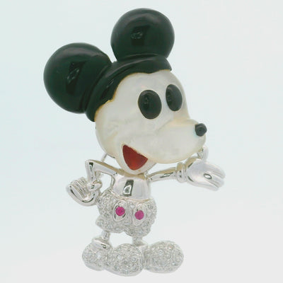 Diamond Black Onyx Mother of Pearls Pink Sapphire 18K White Gold Mouse Brooch