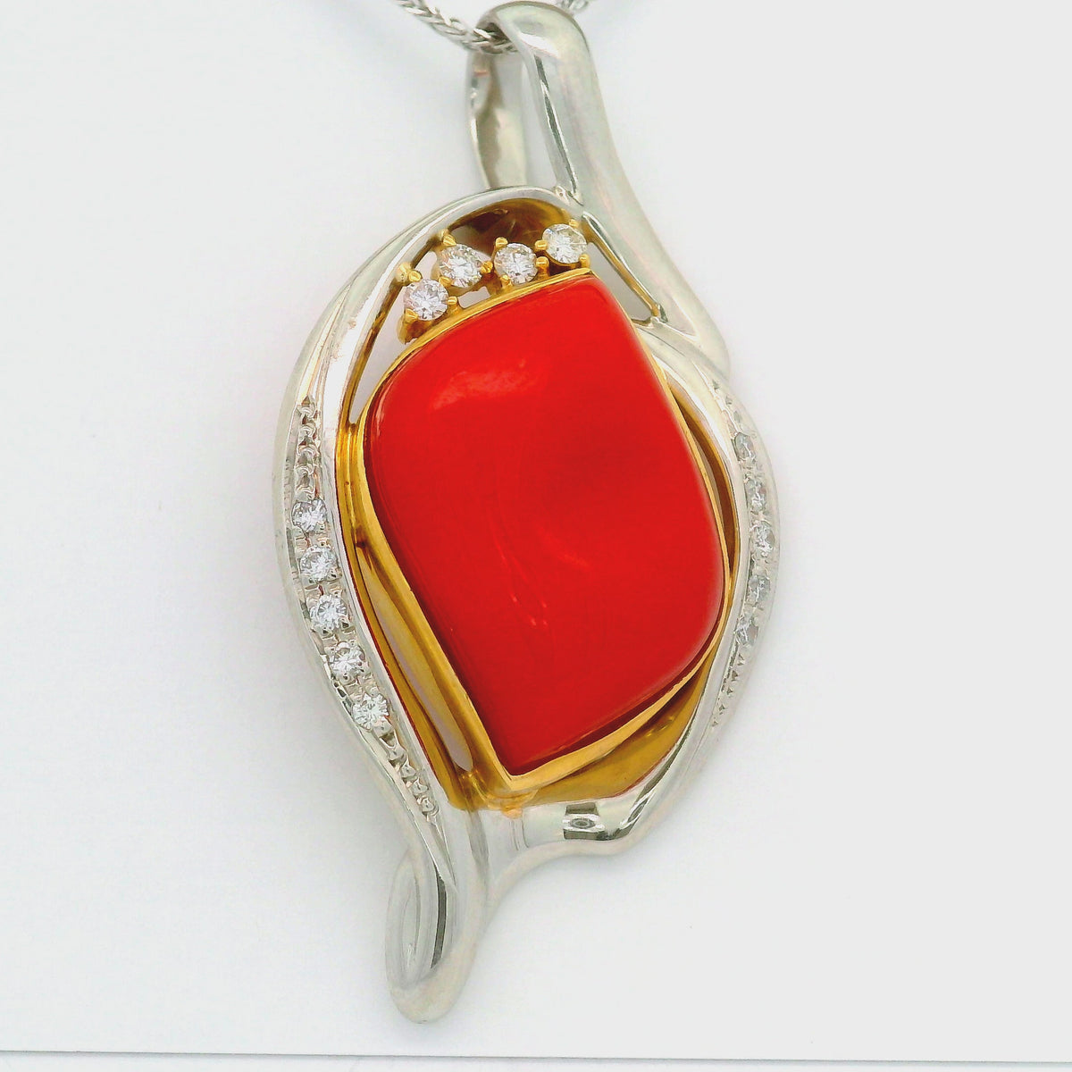 10.12 Carat Ox-Blood Red Coral Diamond Platinum 18K Yellow Gold Pendant Necklace