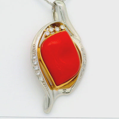 10.12 Carat Ox-Blood Red Coral Diamond Platinum 18K Yellow Gold Pendant Necklace