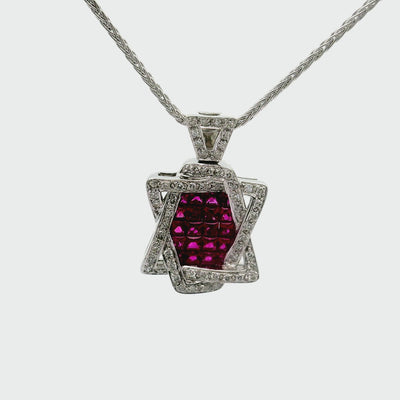 Ruby Diamond Star of David 18k White Gold Pendant