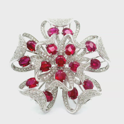 Large Ruby Diamond 18k White Gold Floral Cocktail Ring