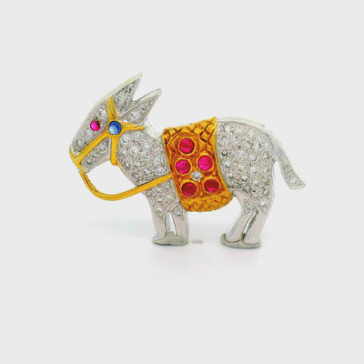 Diamond Ruby Blue Sapphire 18K Two-Tone Gold Donkey Pin Brooch