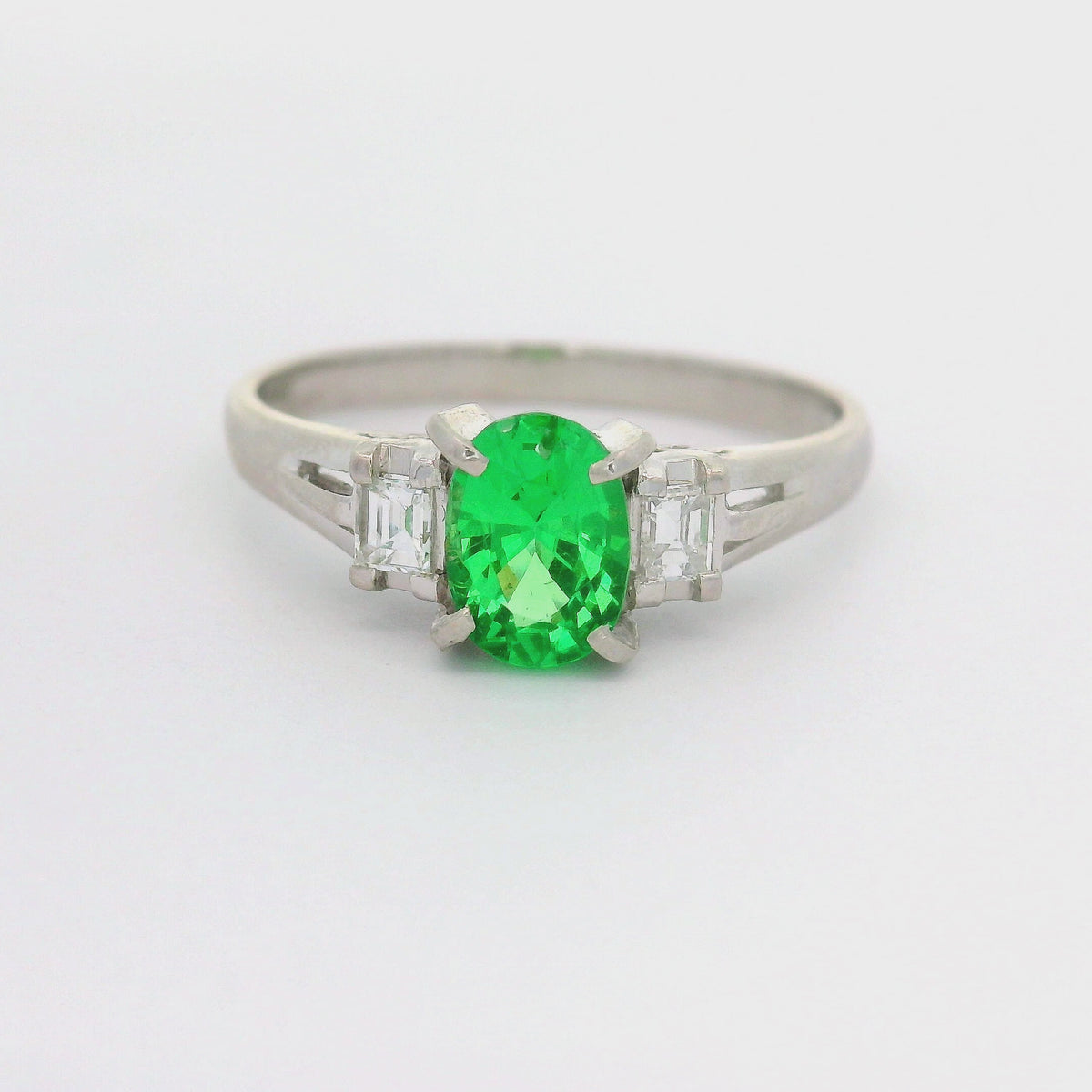 Tsavorite Garnet Diamond Platinum Three-Stone Ring