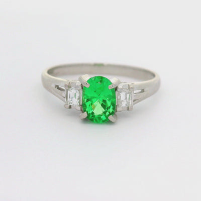 Tsavorite Garnet Diamond Platinum Three-Stone Ring