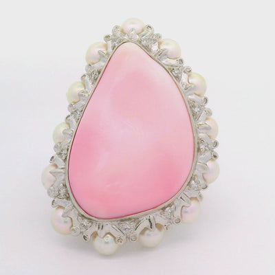 30.84 Carat Conch Pearl Akoya Pearls Diamond Platinum Ring, GIA Certified