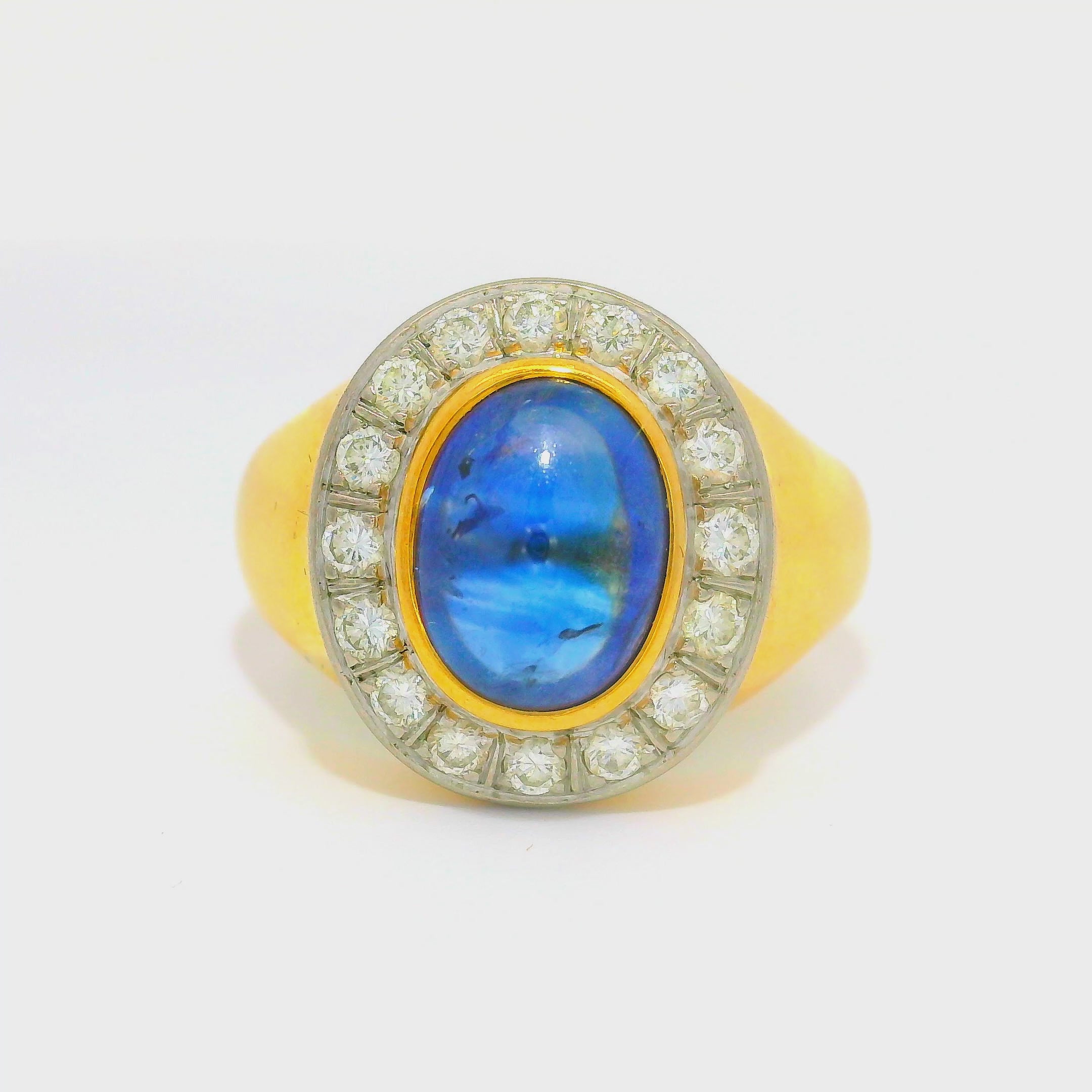 3.00 Carat Blue Sapphire Diamond 18K Gold Bezel Halo Ring