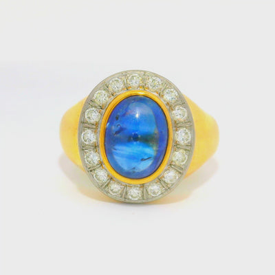 3.00 Carat Blue Sapphire Diamond 18K Gold Bezel Halo Ring