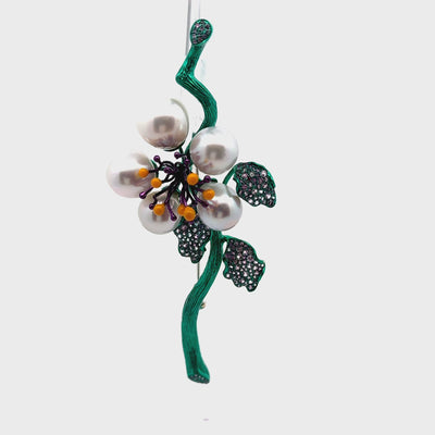 South Sea Pearl Sapphire 18k Gold & Green-Rhodium Floral Brooch