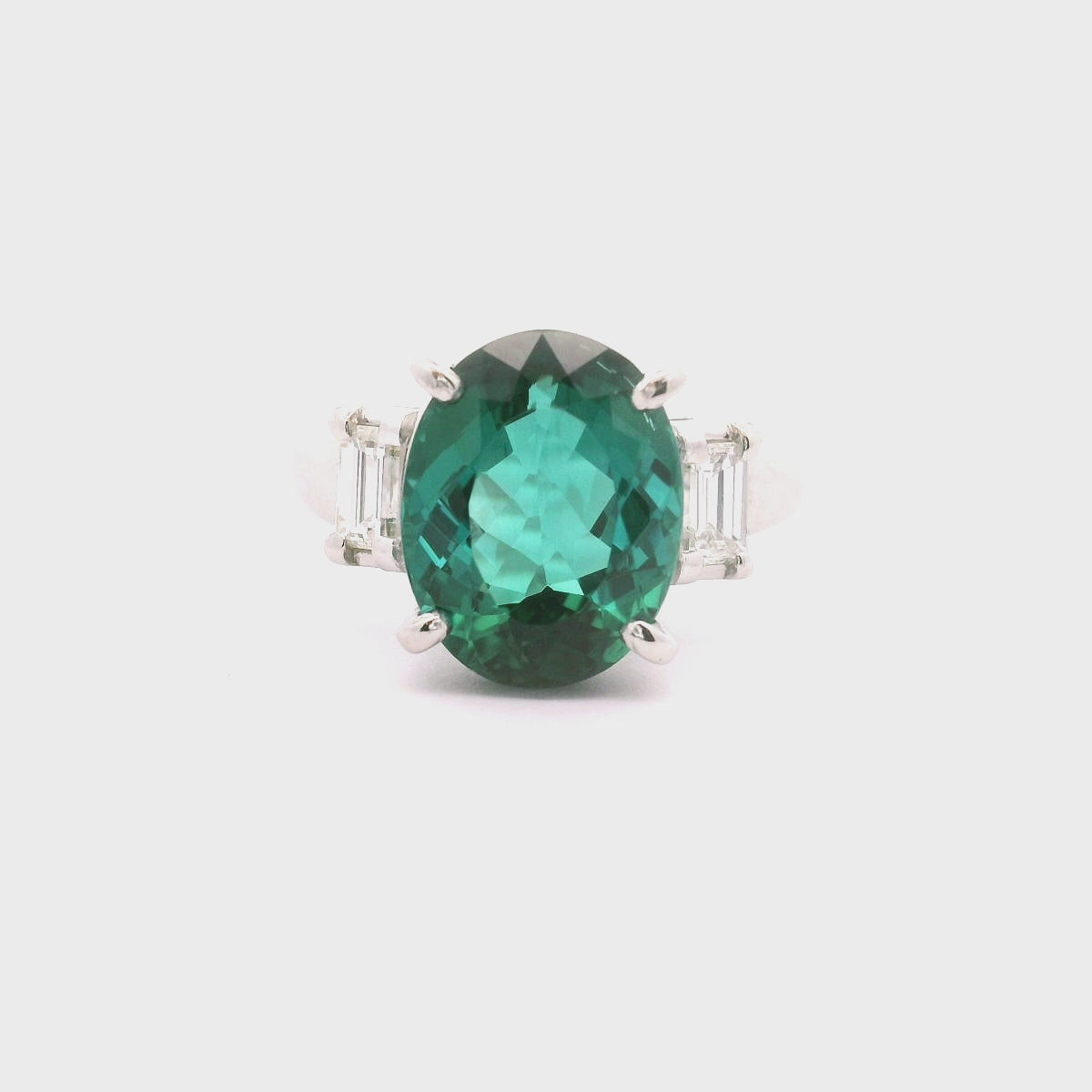 4.63 Carat Lagoon-Tourmaline Diamond Platinum Three-Stone Ring