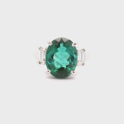 4.63 Carat Lagoon-Tourmaline Diamond Platinum Three-Stone Ring