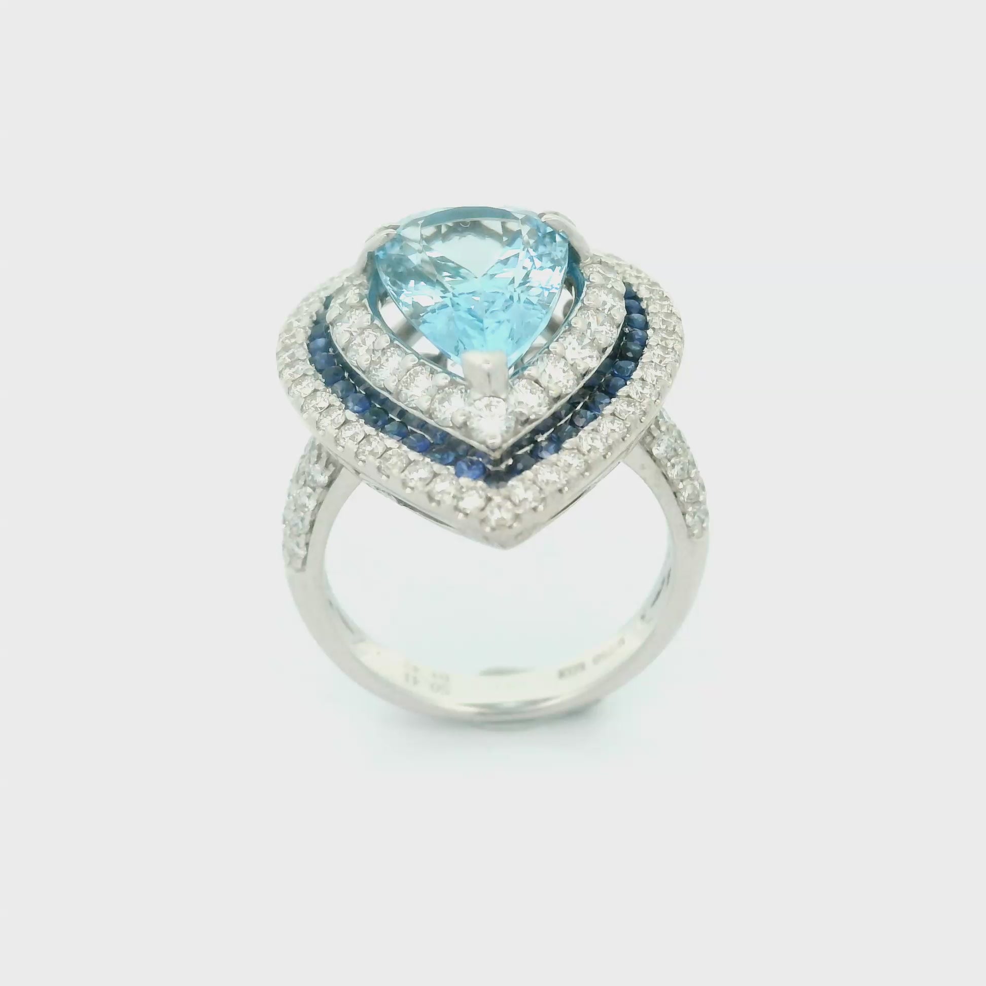 3.75 Carat Aquamarine Diamond Sapphire Multi-Halo 18k White Gold Ring