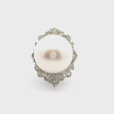 South Sea Pearl Diamond Antique Style 18k Gold Ring