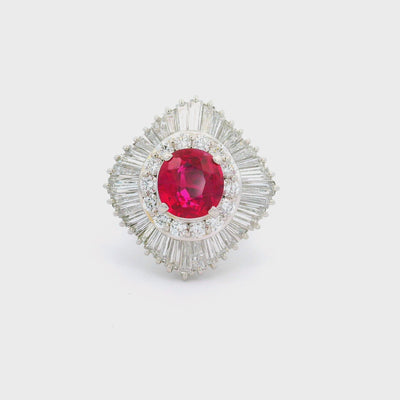 2.63 Carat Thai Ruby Diamond Ballerina Platinum Ring, GRS Certified