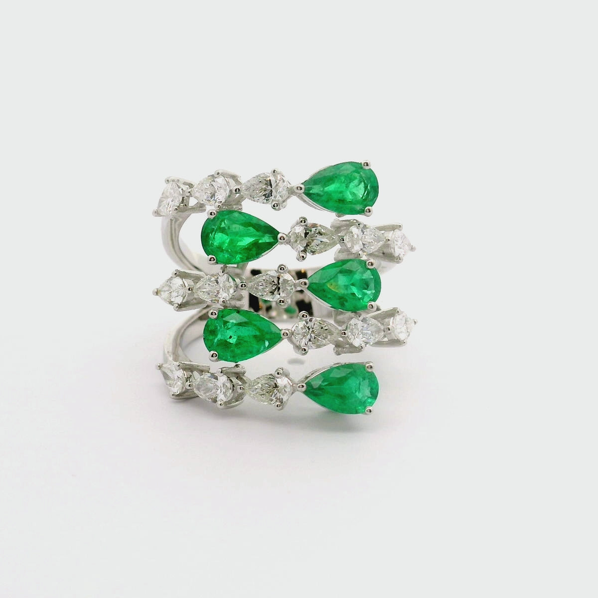 Emerald & Diamond Pear-Shape 18k White Gold Bypass Ring