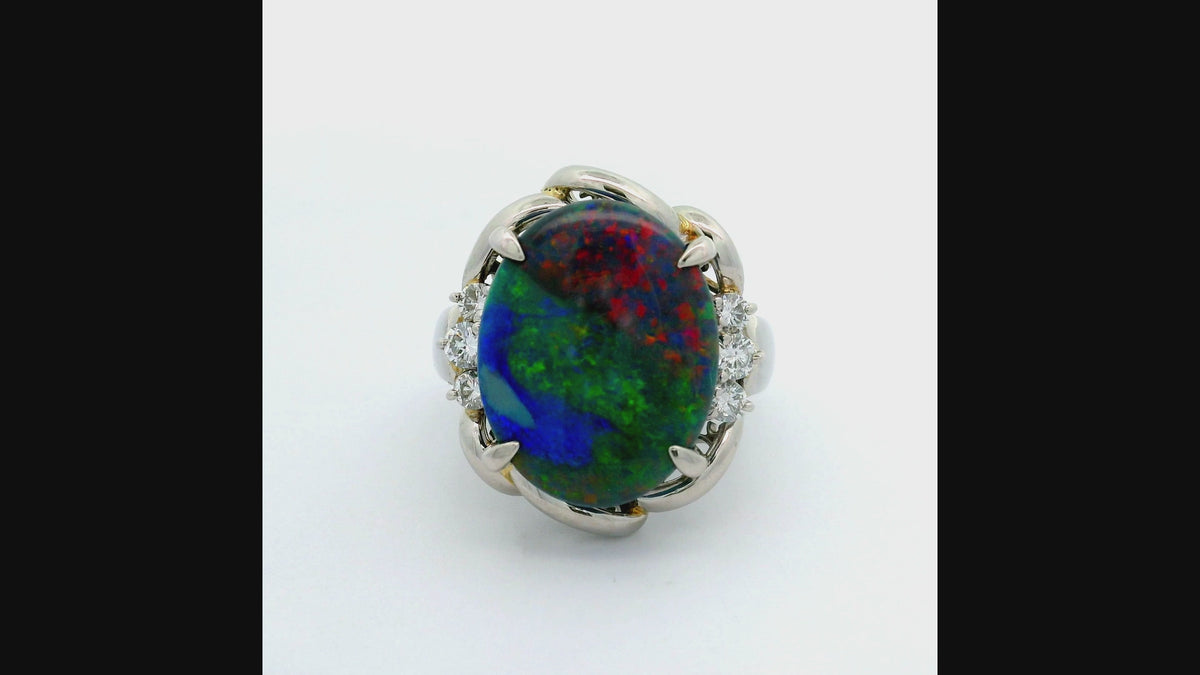Estate 8.69 Carat Australian Black Opal Diamond Platinum Ring