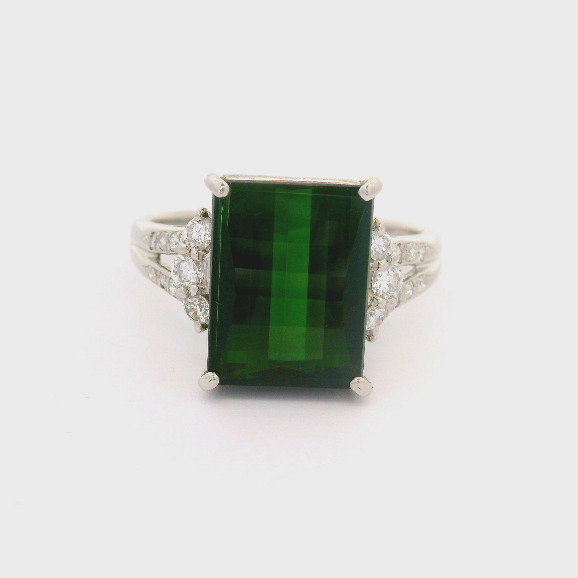 5.69 Carat Green Rectangular Tourmaline Diamond Platinum Ring