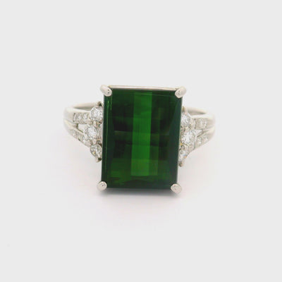 5.69 Carat Green Rectangular Tourmaline Diamond Platinum Ring