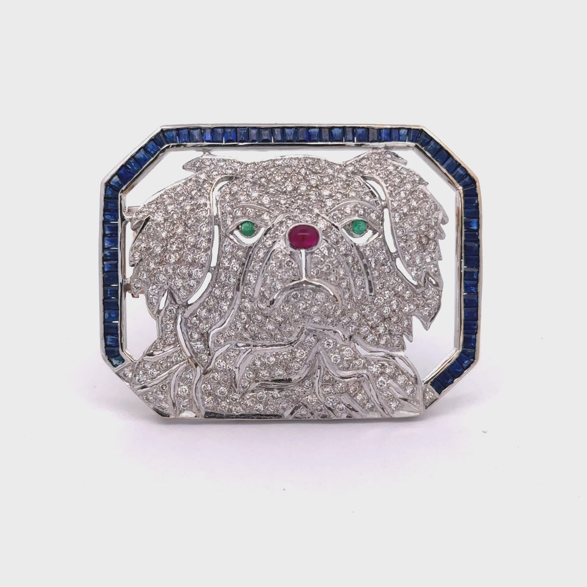 Vintage Diamond Sapphire Emerald Ruby 18K Gold Dog Brooch