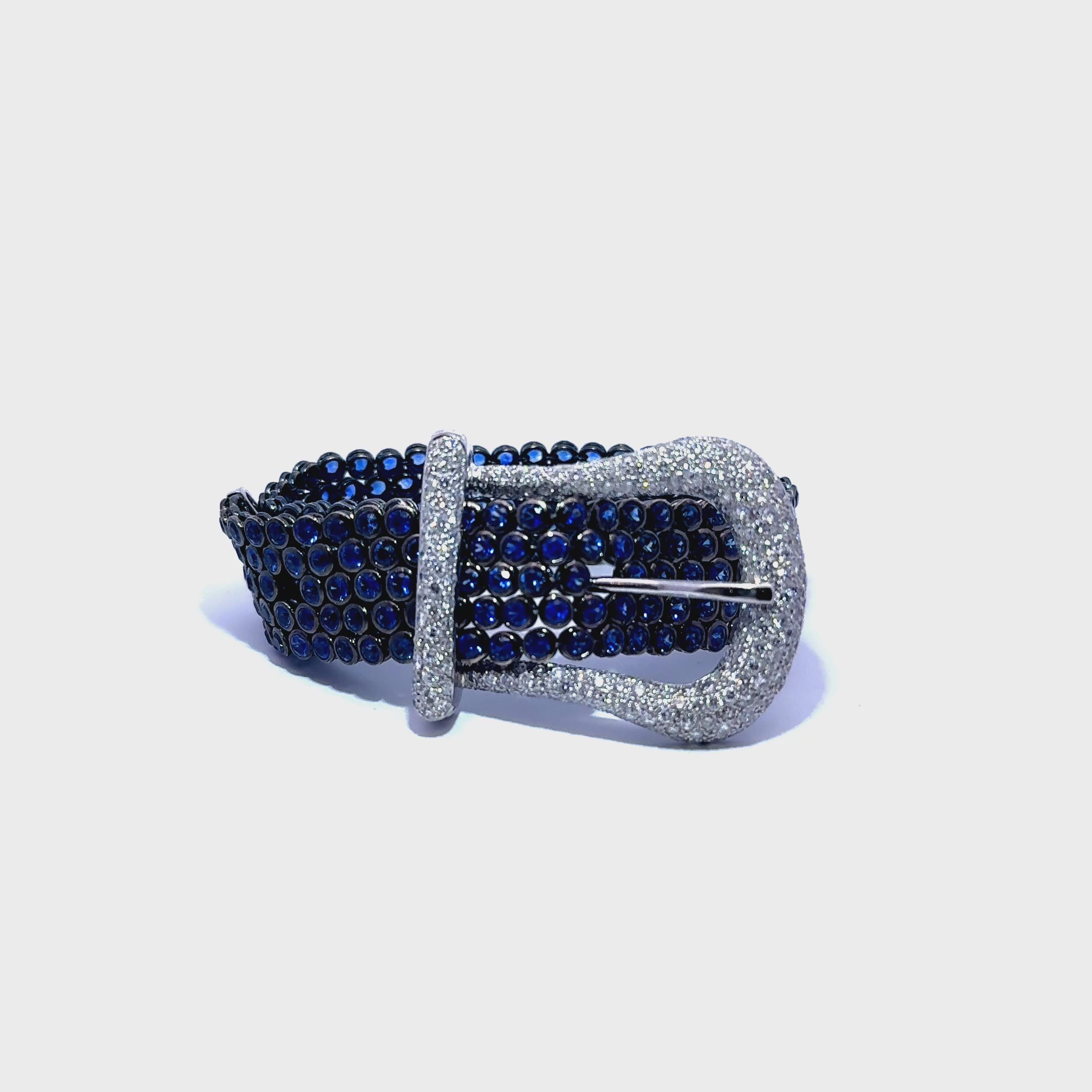 Blue Sapphire & Diamond 18k White Gold Belt-Buckle Bracelet