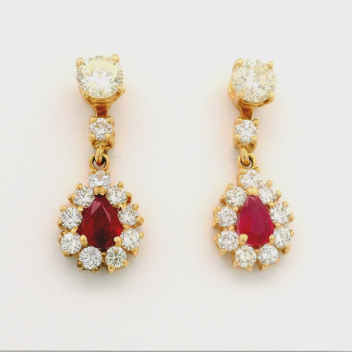 Ruby Diamond 18K Yellow Gold Halo Drop Dangle Stud Earrings