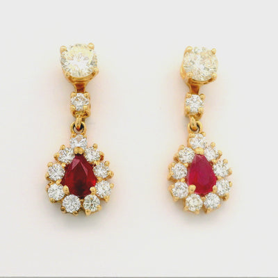 Ruby Diamond 18K Yellow Gold Halo Drop Dangle Stud Earrings