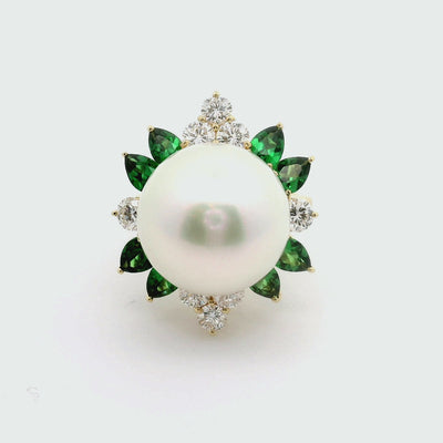 15mm South Sea Pearl Tsavorite Diamond 18k Yellow Gold Cocktail Ring