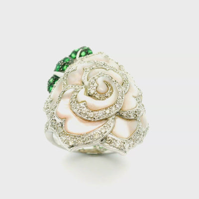 Mother-of-Pearl Diamond Tsavorite 18k White Gold Rose Flower Ring