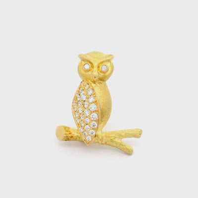 Diamond 18k Yellow Gold Owl Brooch