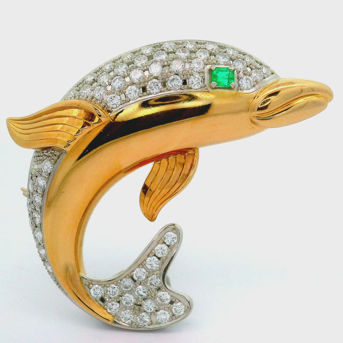 Diamond Emerald Platinum 18K Yellow Gold Dolphin Brooch