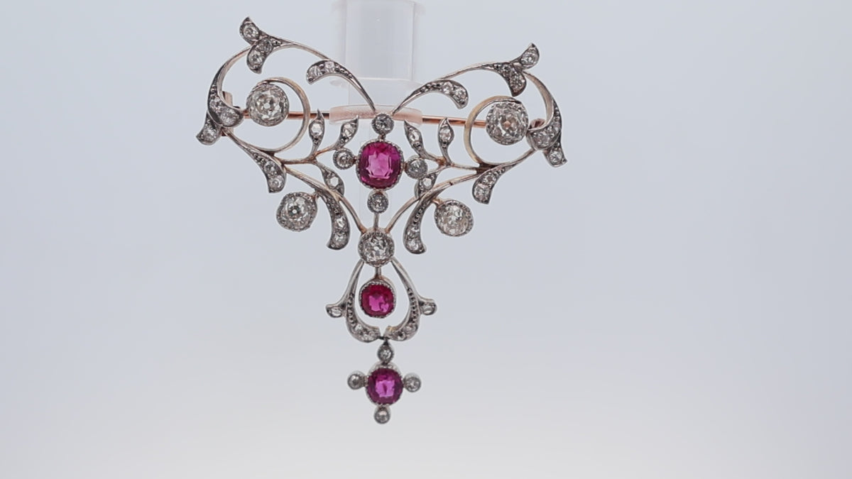 Antique No-Heat Burmese Ruby Diamond 14K Gold Brooch, GIA Certified