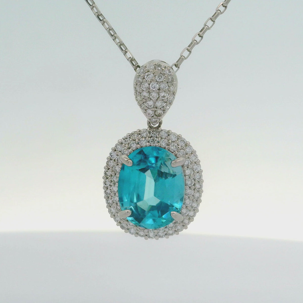 6.72 Carat Blue Zircon Diamond Double Halo Platinum Pendant Necklace