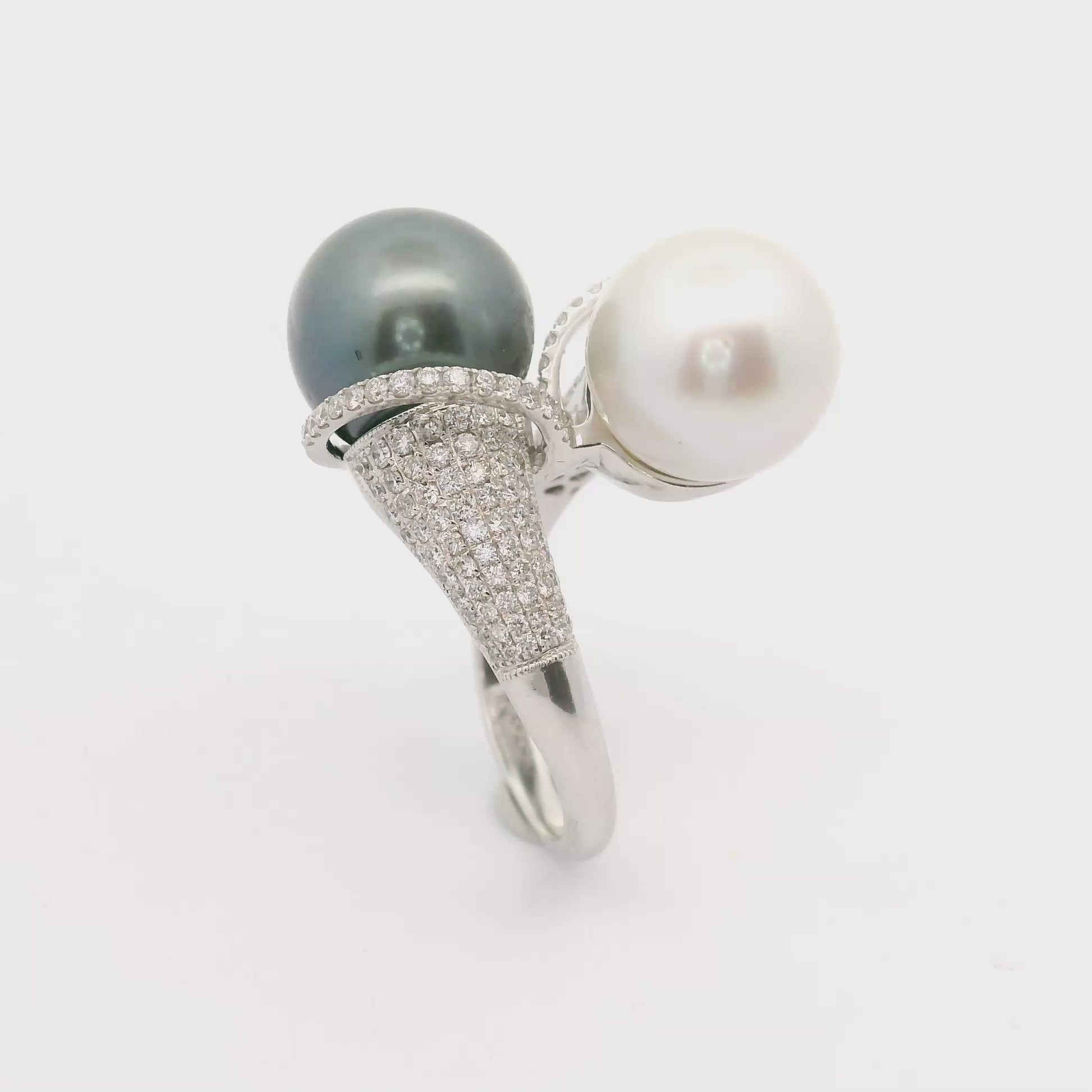 White & Tahitian Cultured Pearl Diamond 18k White Gold Bypass Ring