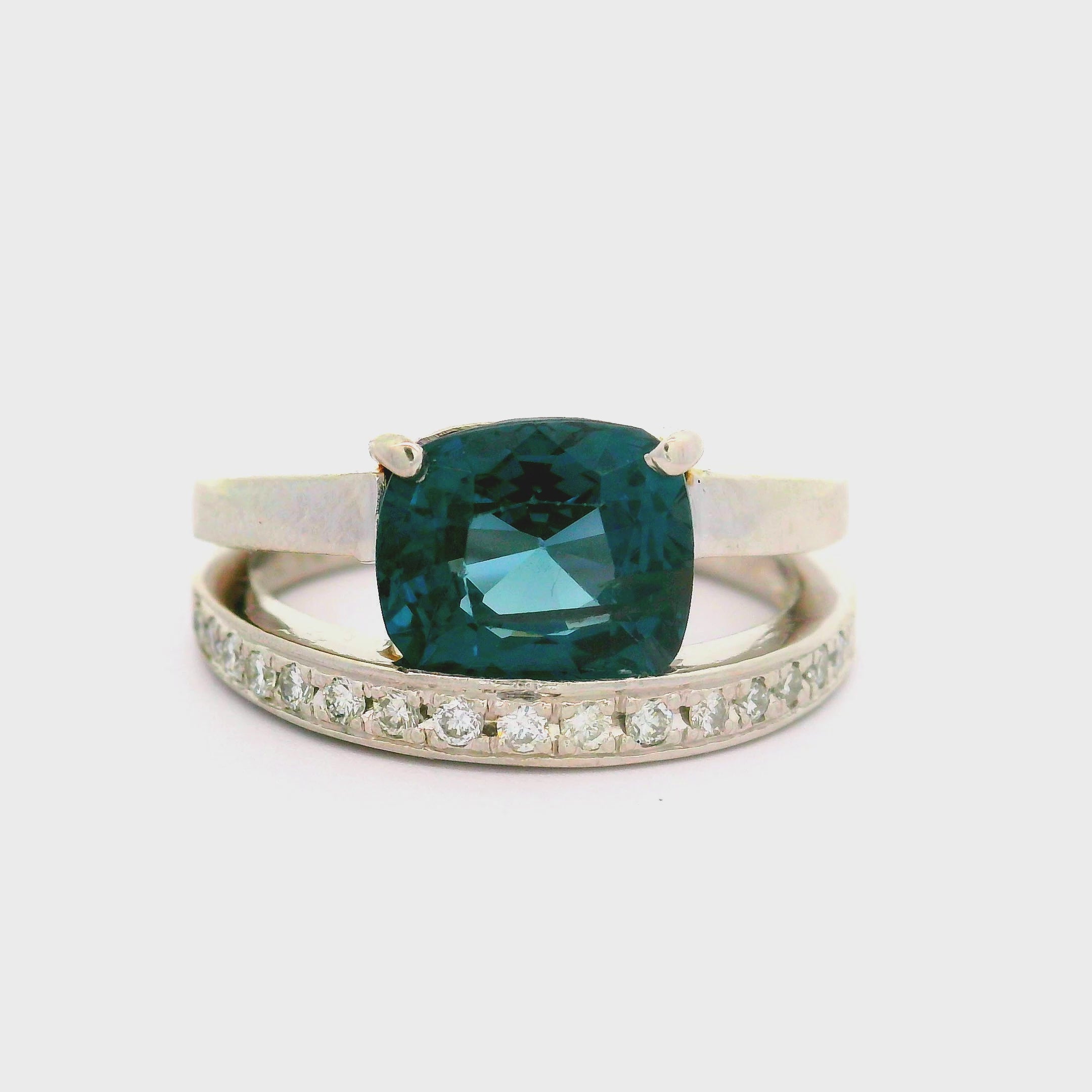 2.74 Carat Blue Spinel Diamond Platinum Double-Band Ring, AGL Certified