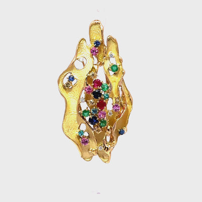 Multi-color Gemstone Diamond 18k Yellow Gold Freeform Brooch