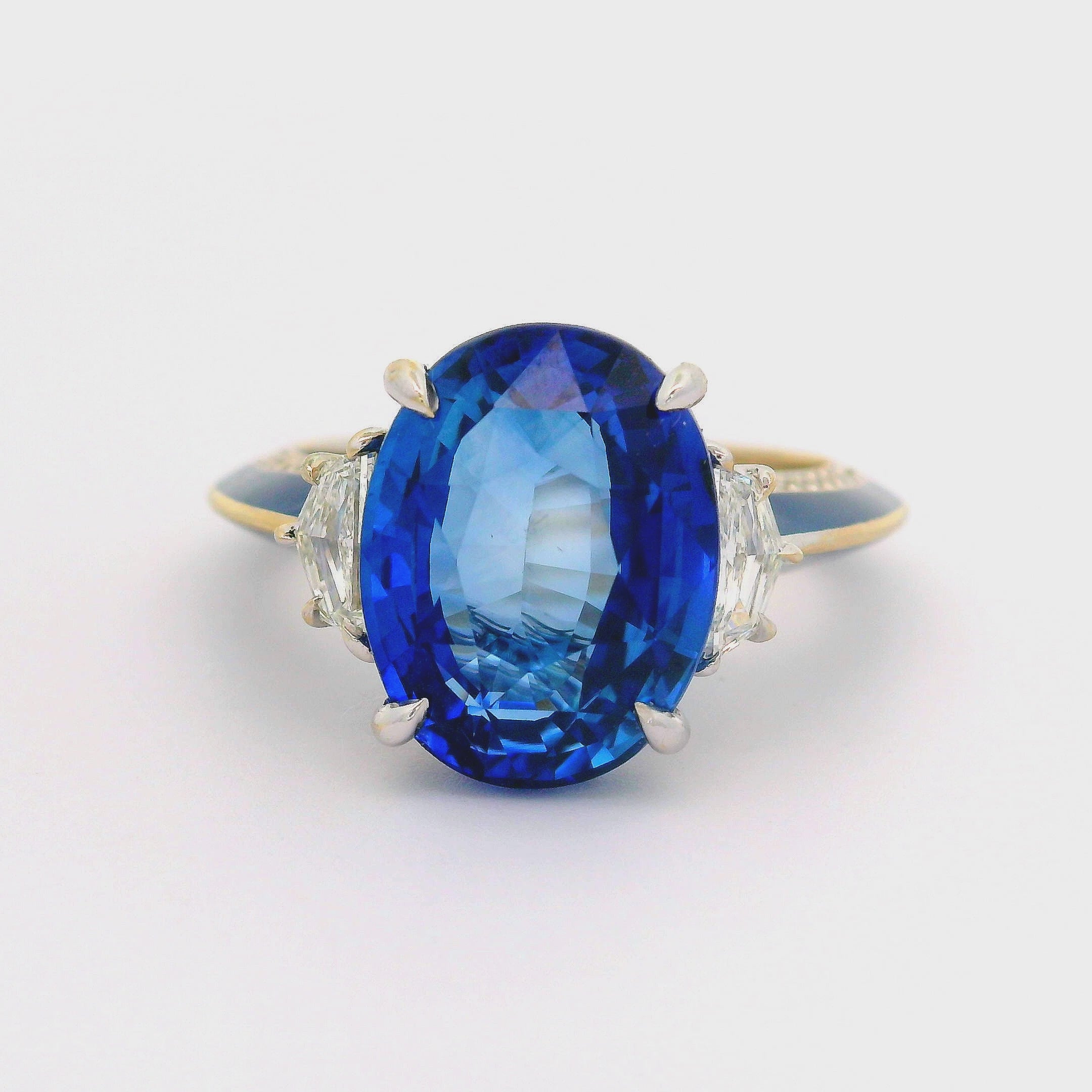 7.03 Carat Blue Ceylon Sapphire Diamond Enamel 18K White Gold Ring, GIA Certifed