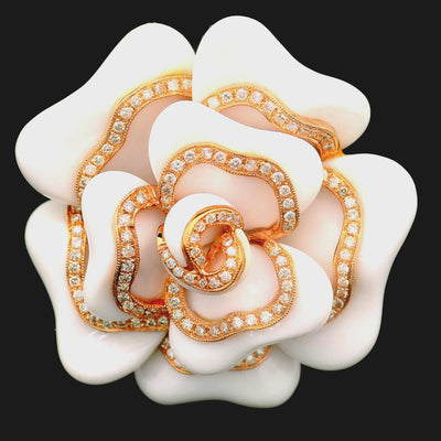 White Onyx Diamond 18K Rose Gold Floral Brooch