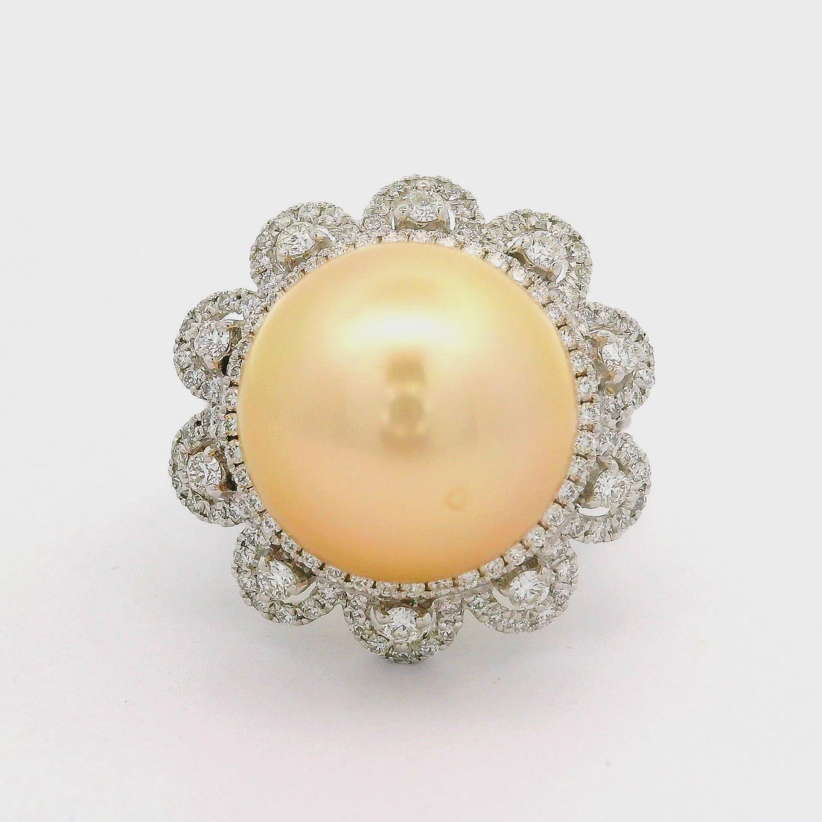 14.5MM South Sea Golden Pearl Diamond 18K White Gold Flower-Halo Ring