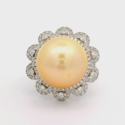 14.5MM South Sea Golden Pearl Diamond 18K White Gold Flower-Halo Ring