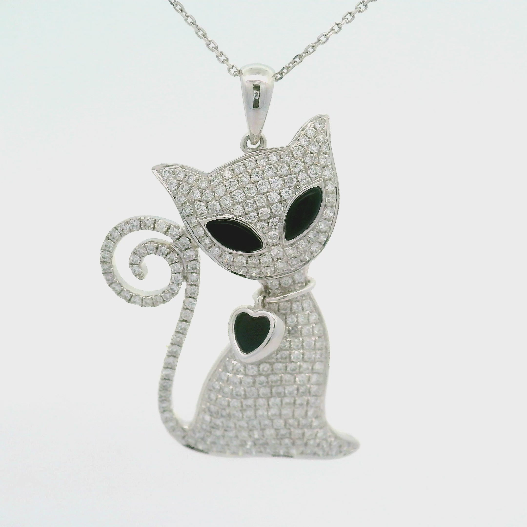 Diamond Onyx Enamel 18K White Gold Cat Heart Pendant Chain