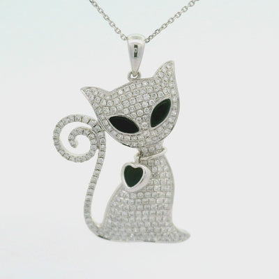 Diamond Onyx Enamel 18K White Gold Cat Heart Pendant Chain