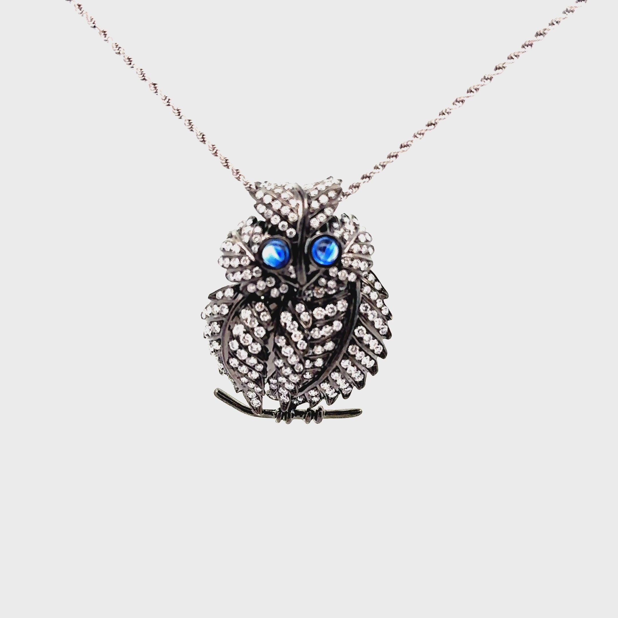 Diamond Sapphire 18k Gold Rhodium Owl Pendant Necklace