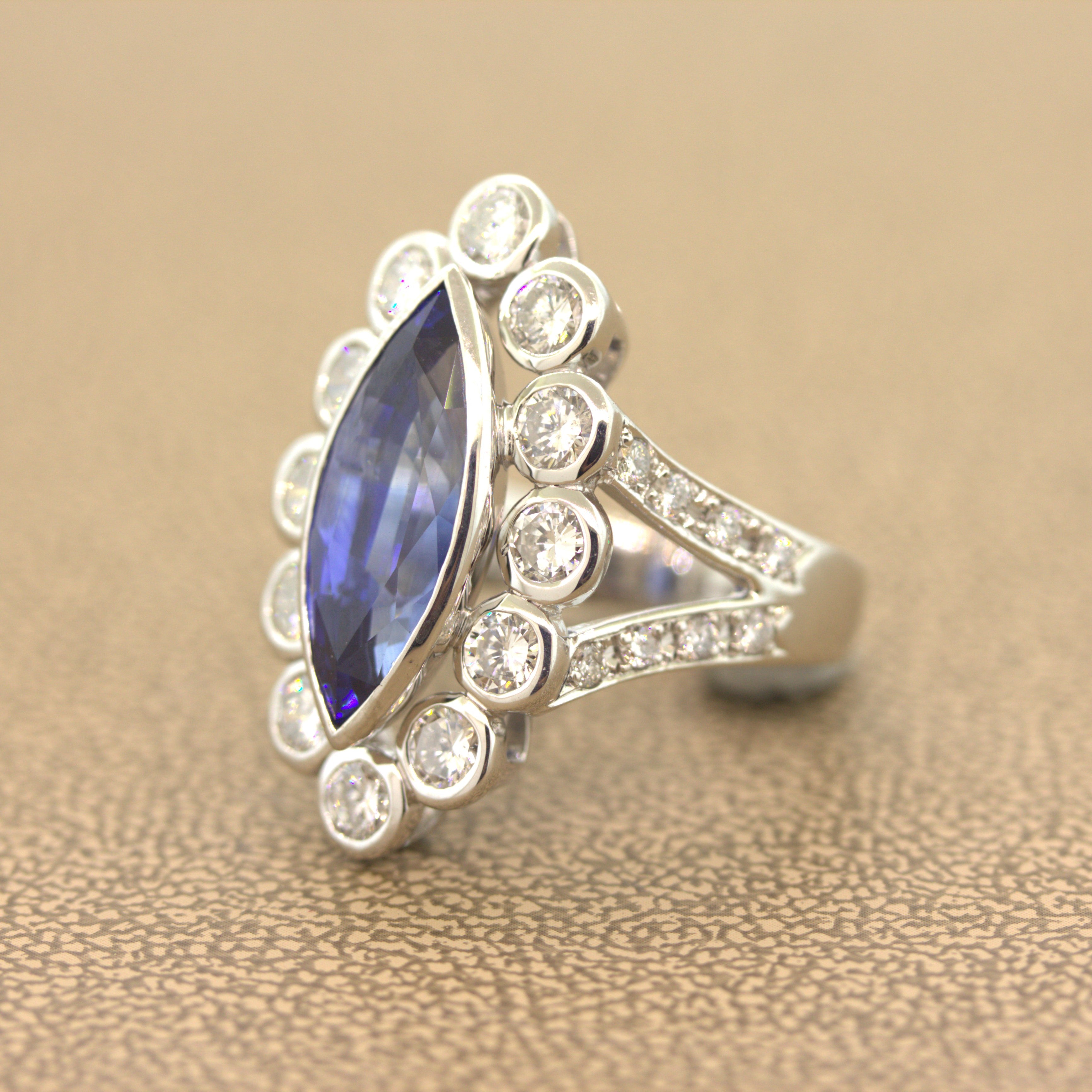 6.55 Carat Ceylon Sapphire Diamond Platinum Navette Ring, GIA Certified