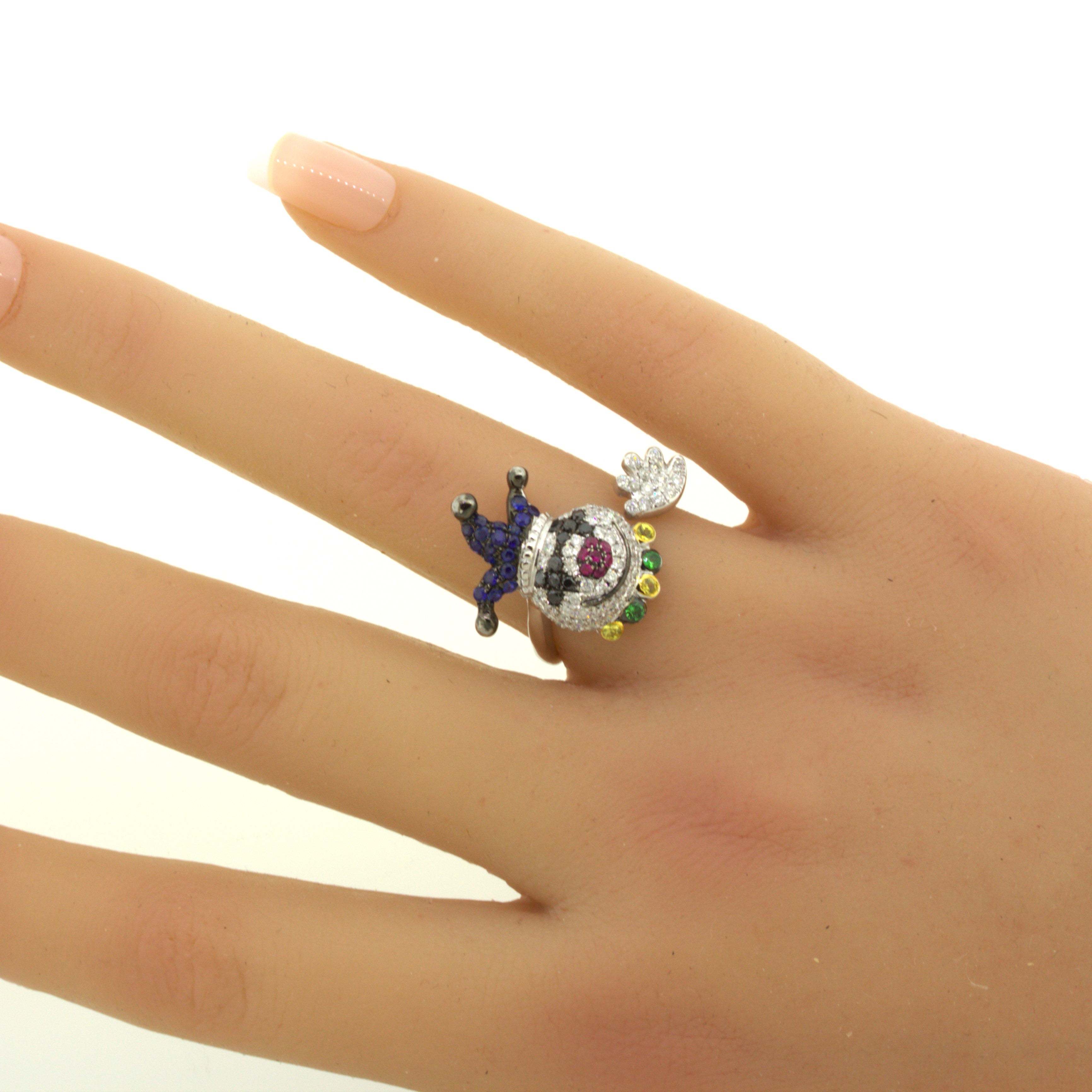 Diamond Sapphire Ruby 18K White Gold Clown Ring