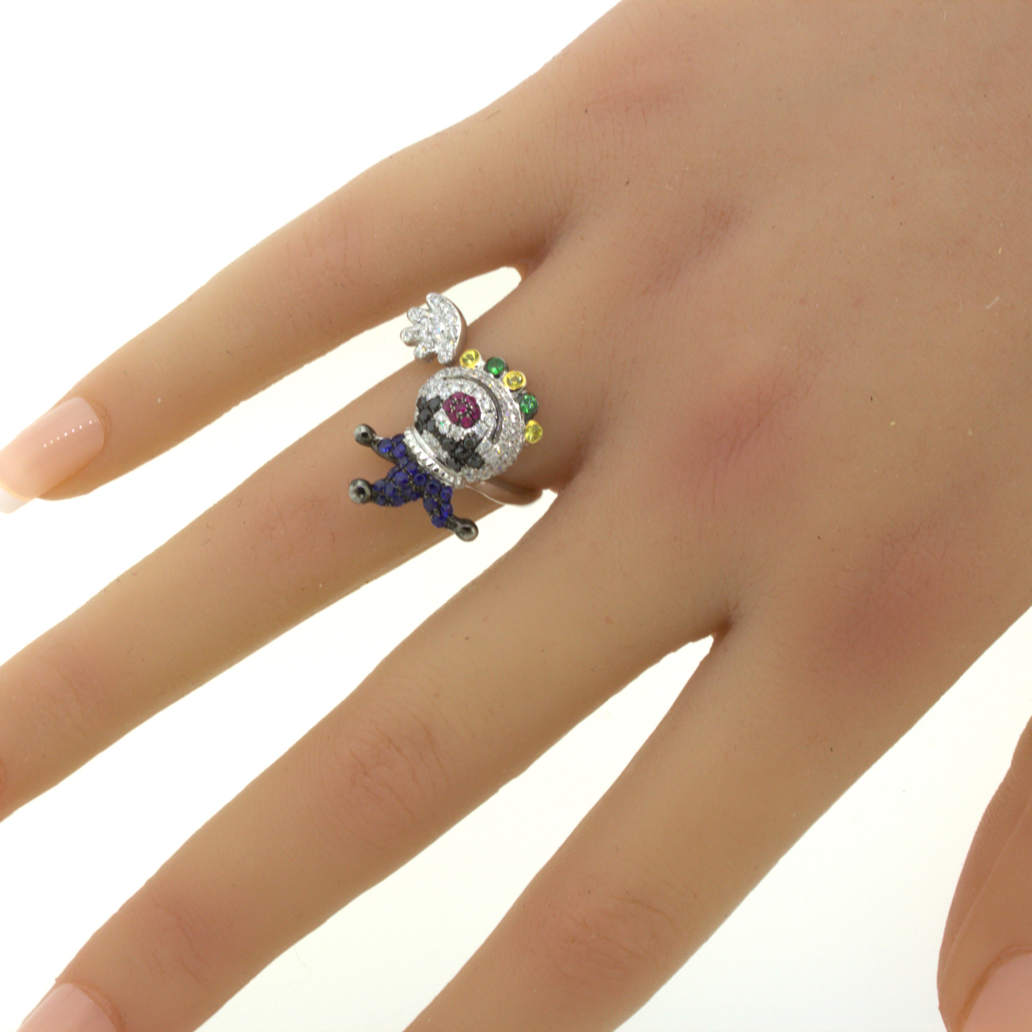 Diamond Sapphire Ruby 18K White Gold Clown Ring