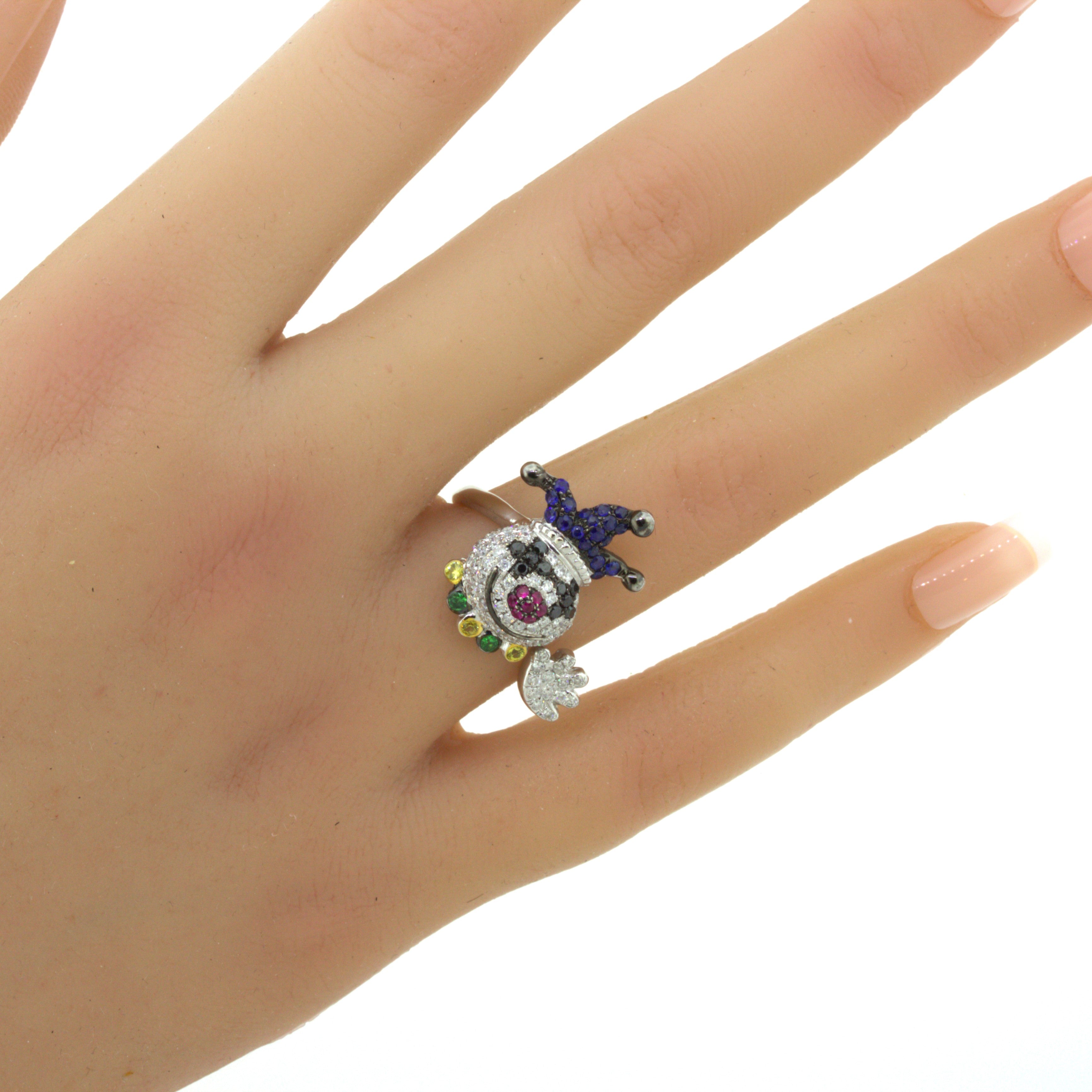 Diamond Sapphire Ruby 18K White Gold Clown Ring