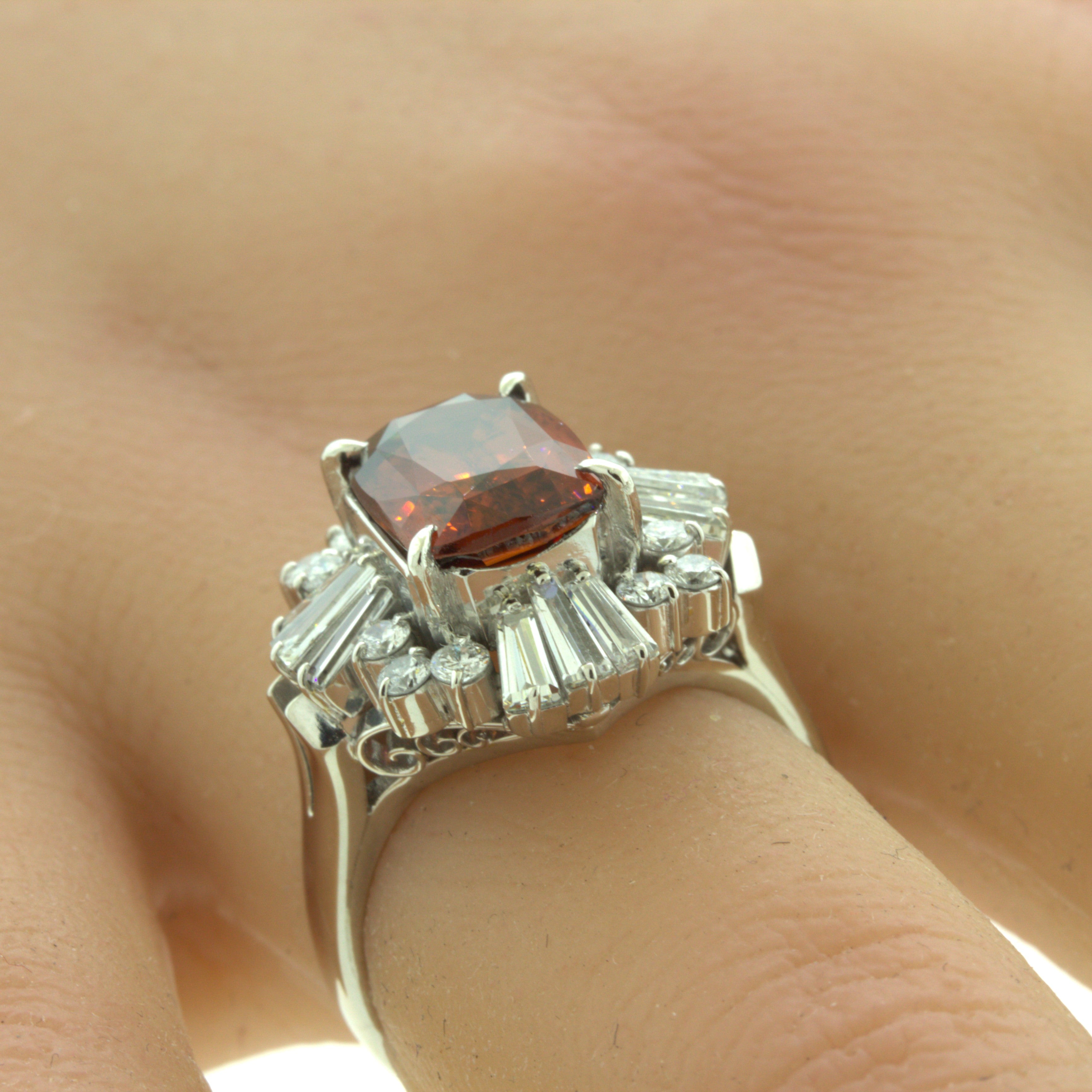 Orange Zircon Diamond Platinum Ring