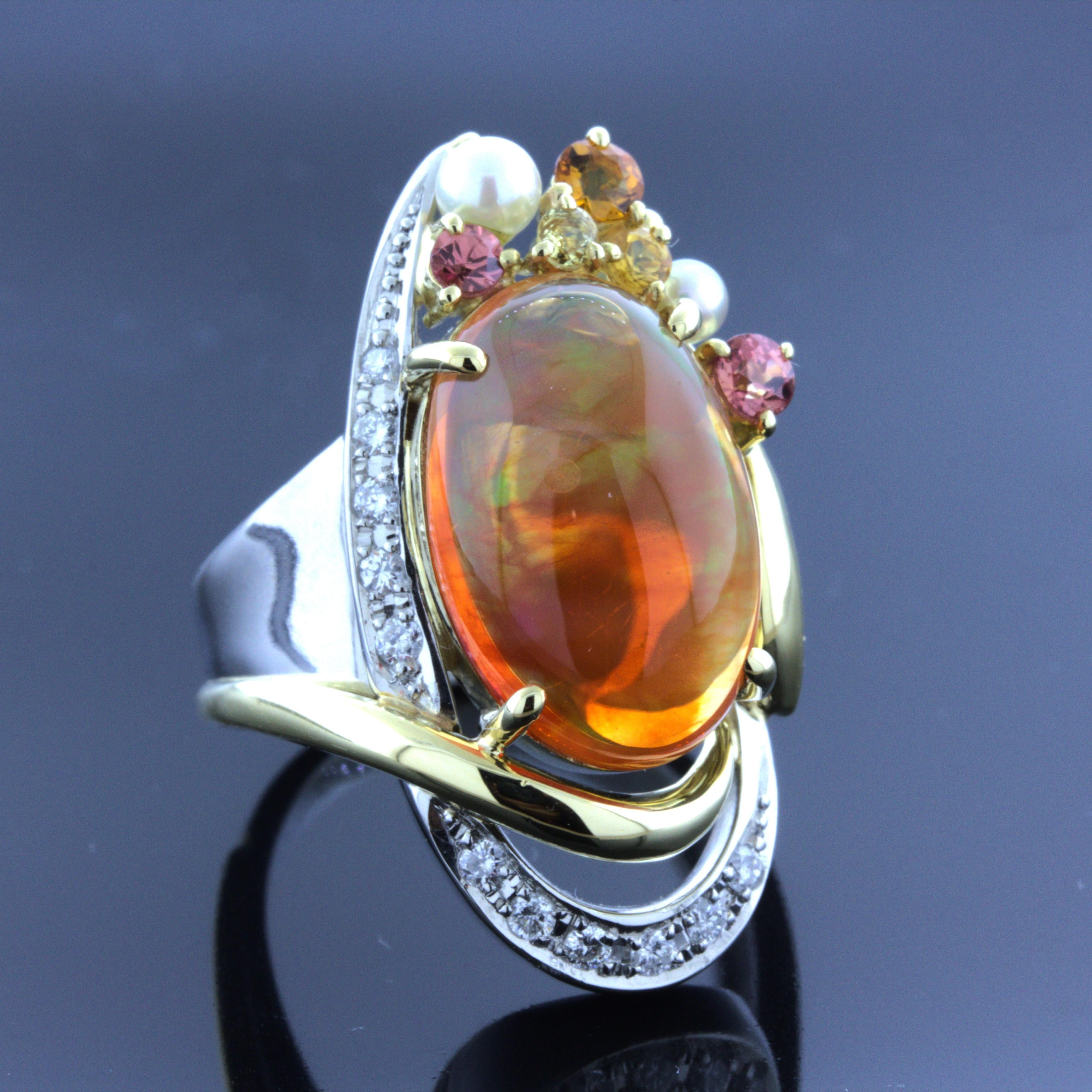 Mexican Fire Opal Diamond Gemstone Platinum Ring