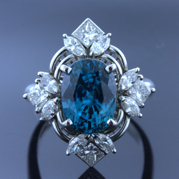 10.28 Carat Blue Zircon Diamond Platinum Ring