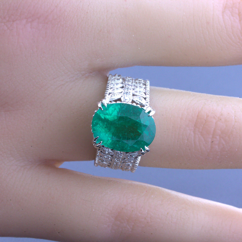 6.70 Carat Emerald Diamond Platinum Floral Ring