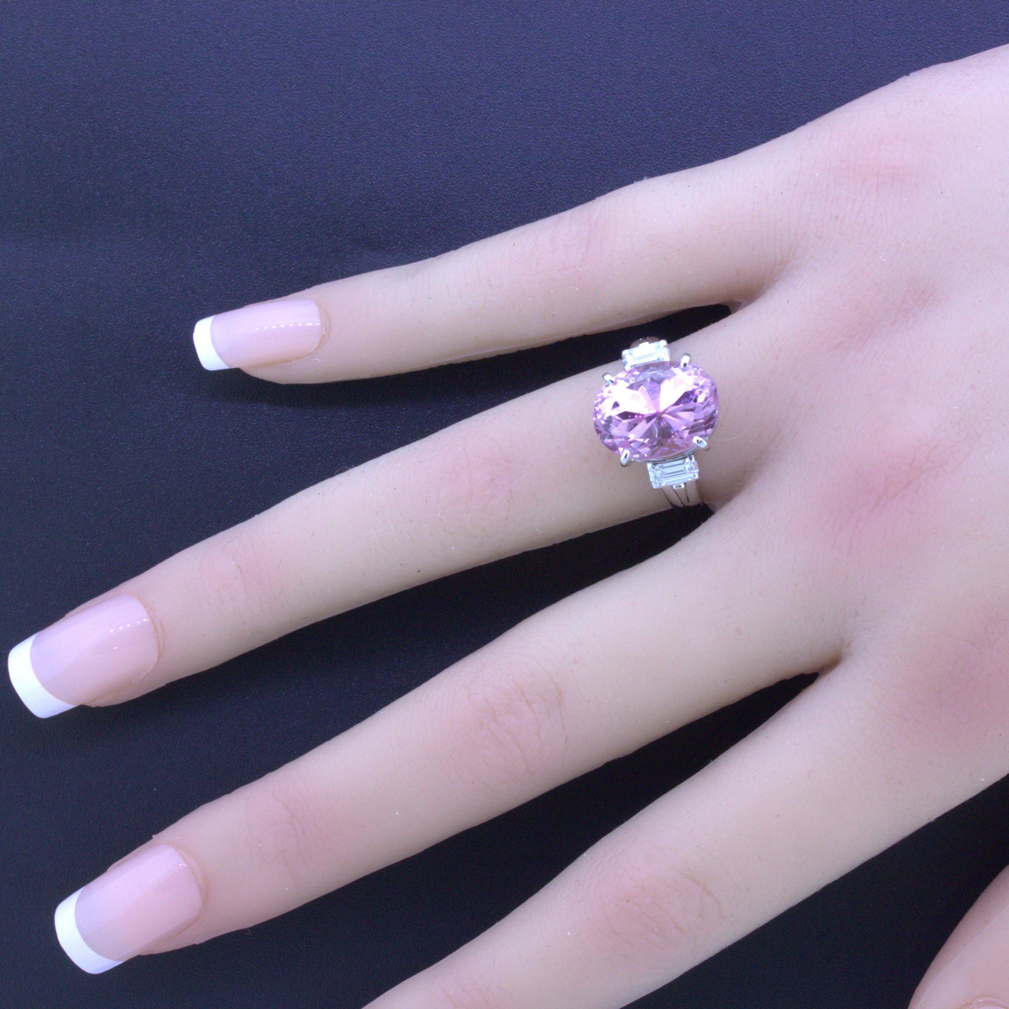 9.70 Carat Kunzite Diamond 3-Stone Platinum Ring